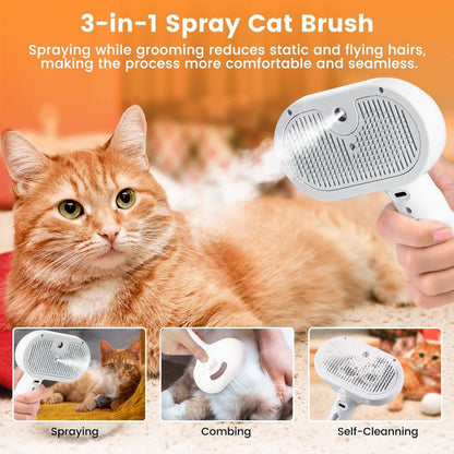 3-in-1 Steamy Pet Brush — Self-Cleaning Steam Cat & Dog Brush for Shedding, Tangled Hair & Relaxing Massage