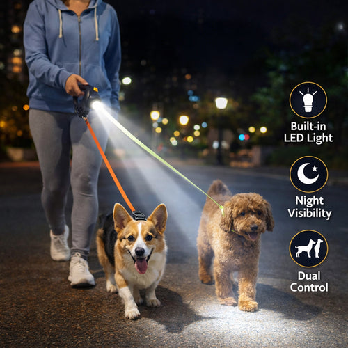 2-in-1 Dual Retractable Dog Leash with LED Light — 360° Tangle-Free Control for Easy Two-Pet Walks