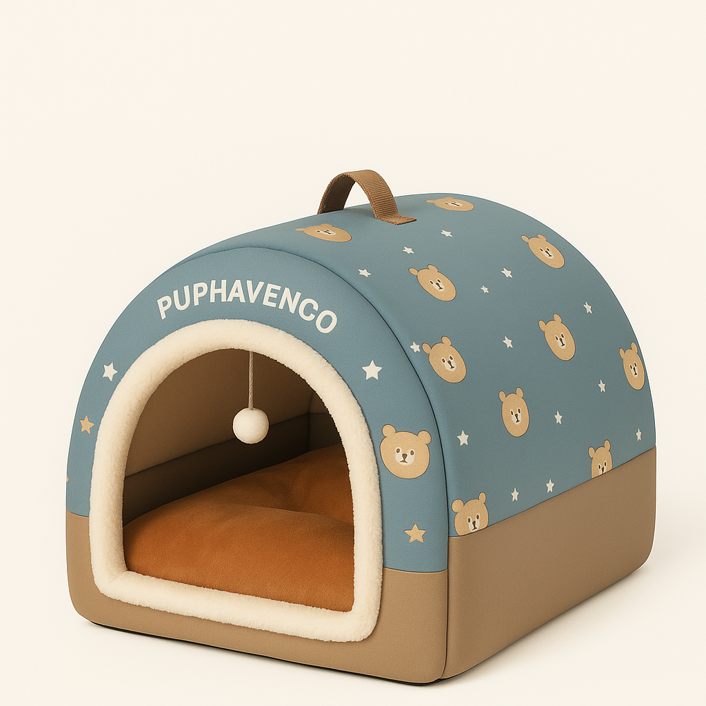 PUPHAVENCO™ Cozy Dome Pet Bed – Cute Bear Print Indoor House with Plush Cushion