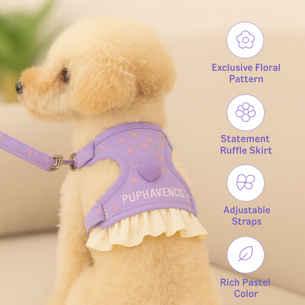 PUPHAVENCO™ Floral Ruffle Dog Harness & Leash Set