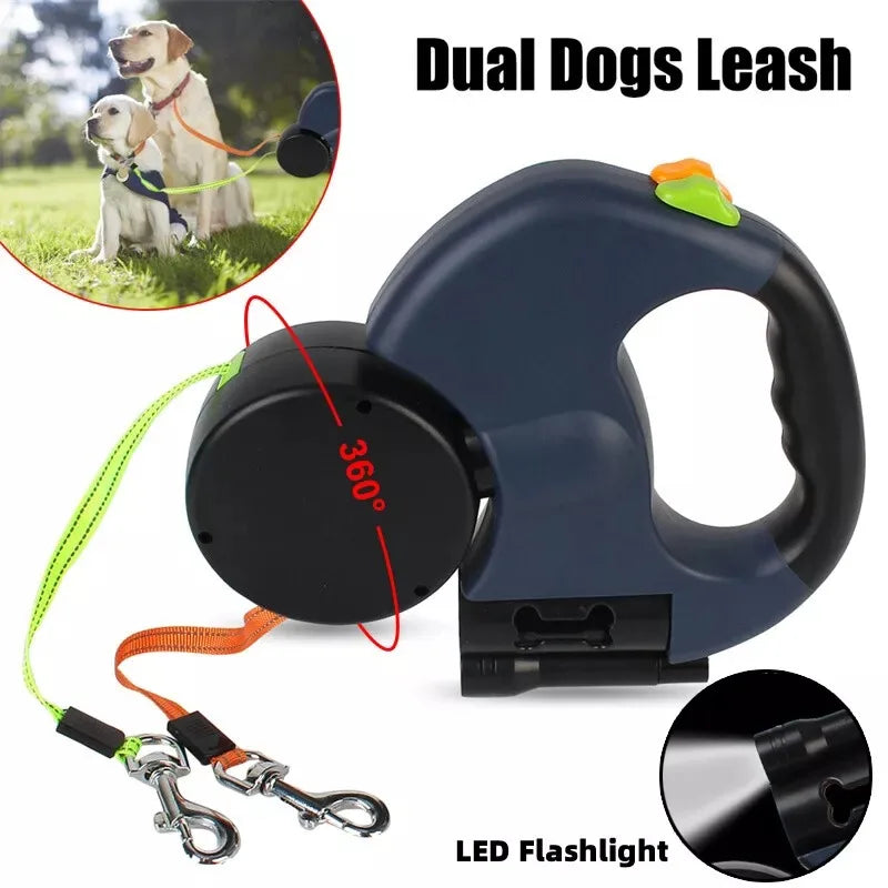 2-in-1 Dual Retractable Dog Leash with LED Light — 360° Tangle-Free Control for Easy Two-Pet Walks