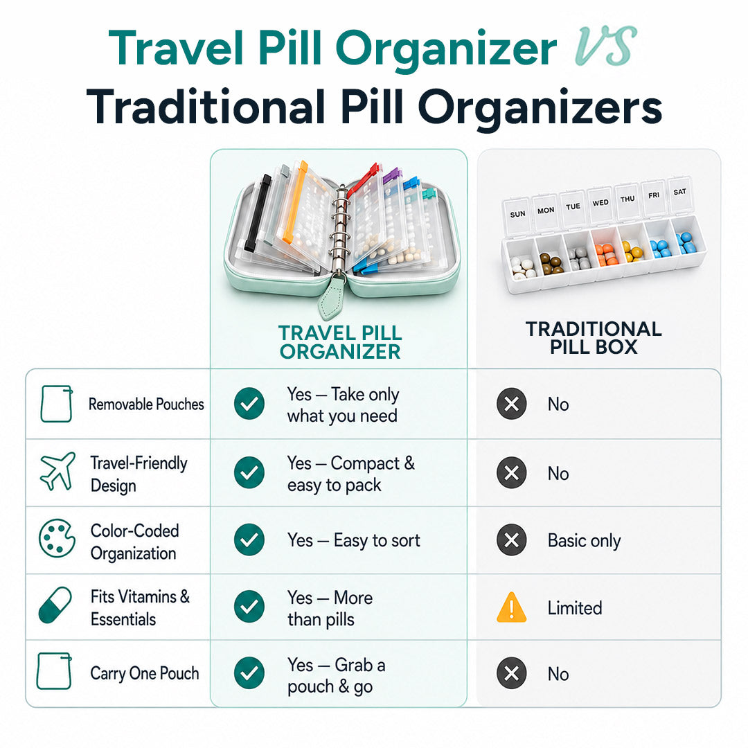 14-Pouch Travel Pill Organizer – Removable Pouches for Pills & Supplements